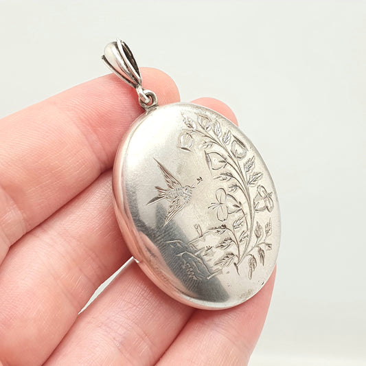 Antique Victorian Solid Silver Bird Locket Floral Flower Pendant Picture Photo Aesthetic Vintage Womens Jewelry Jewellery