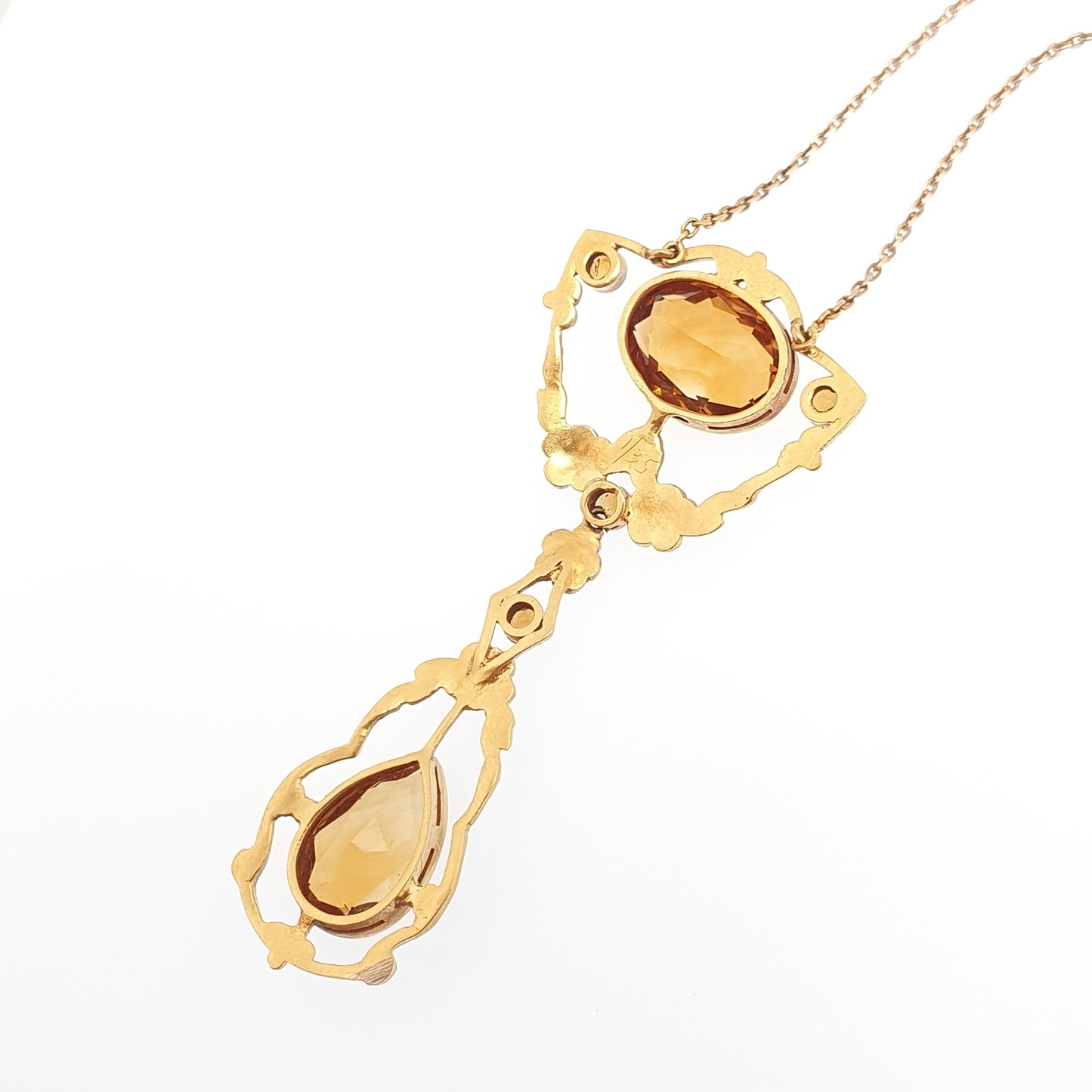 Antique Victorian 14kt Gold Citrine Necklace Art Nouveau Lavalier Solid 14k 585 1800s Jewelry Womens Jewellery