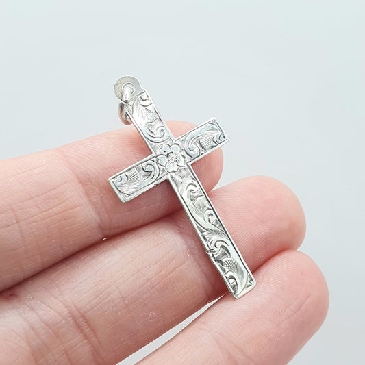 Antique Sterling Silver Crucifix Pendant Hand Engraved Cross Cruciform Christian Religious Mens Womens Jewelry Jewellery
