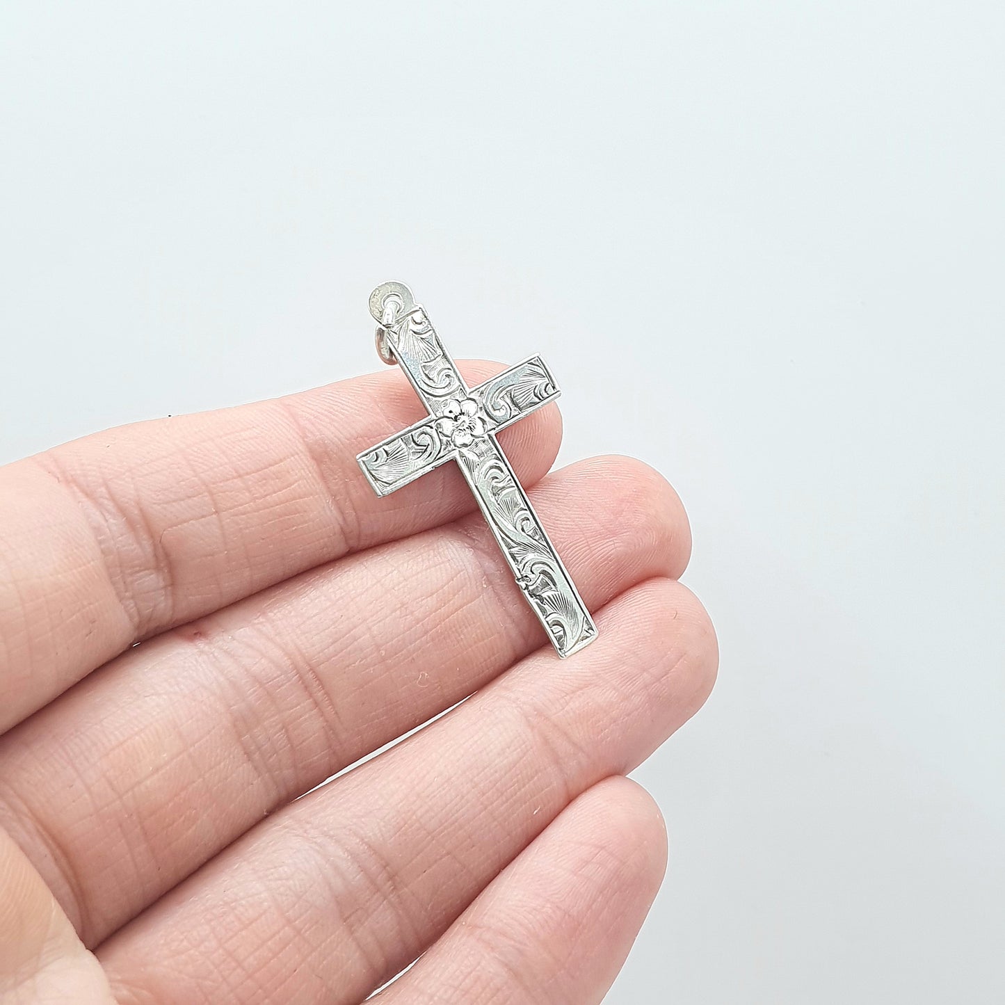 Antique Sterling Silver Crucifix Pendant Hand Engraved Cross Cruciform Christian Religious Mens Womens Jewelry Jewellery