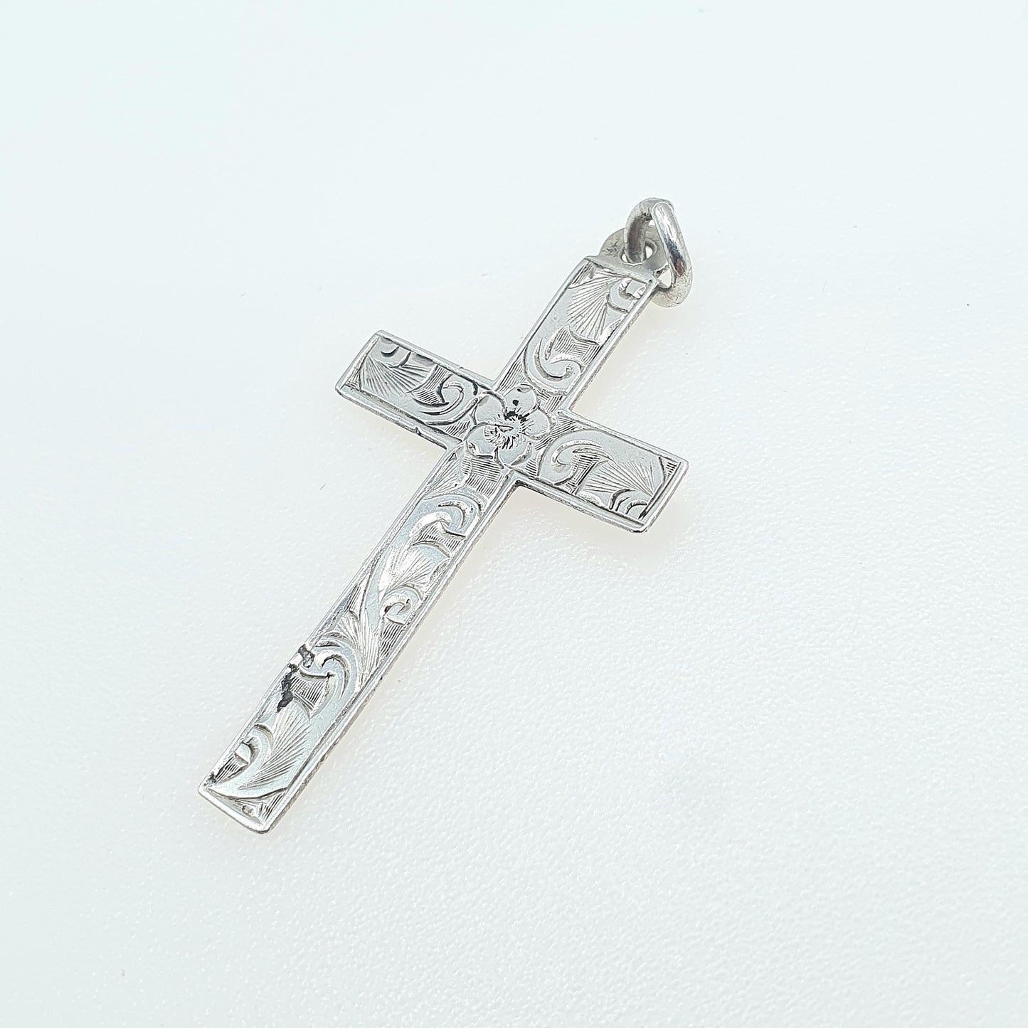 Antique Sterling Silver Crucifix Pendant Hand Engraved Cross Cruciform Christian Religious Mens Womens Jewelry Jewellery