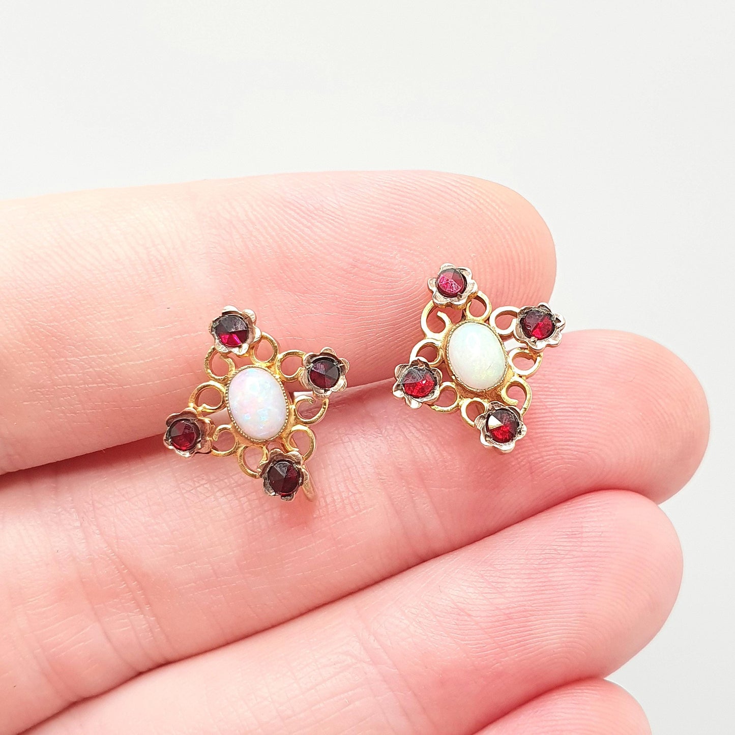 Antique 9k 9ct Gold Opal & Garnet Earrings Victorian White Opals Solid 375 Oval Cut Cabochon Vintage Gemstone Womens Jewelry Jewellery