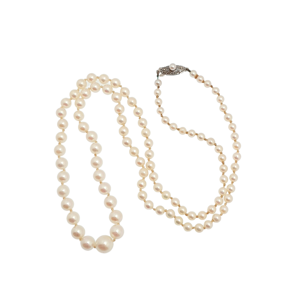 Vintage MIKIMOTO Pearl Necklace Sterling Silver Clasp Cultured Japanese Long 54cm 21.2" 13.70g Genuine Real Fine Womens Jewelry Jewellery