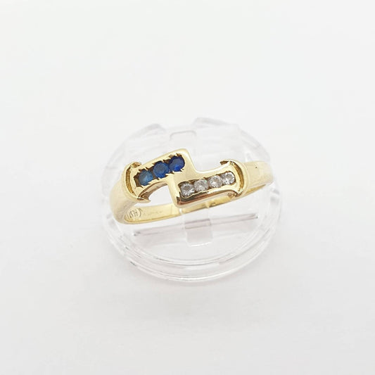Vintage 14k 14ct Sapphire CZ Ring Solid 585 Crossover Blue & White Gemstones Yellow Gold Ladies Womens Jewelry Jewellery UKQ.5 US8.5