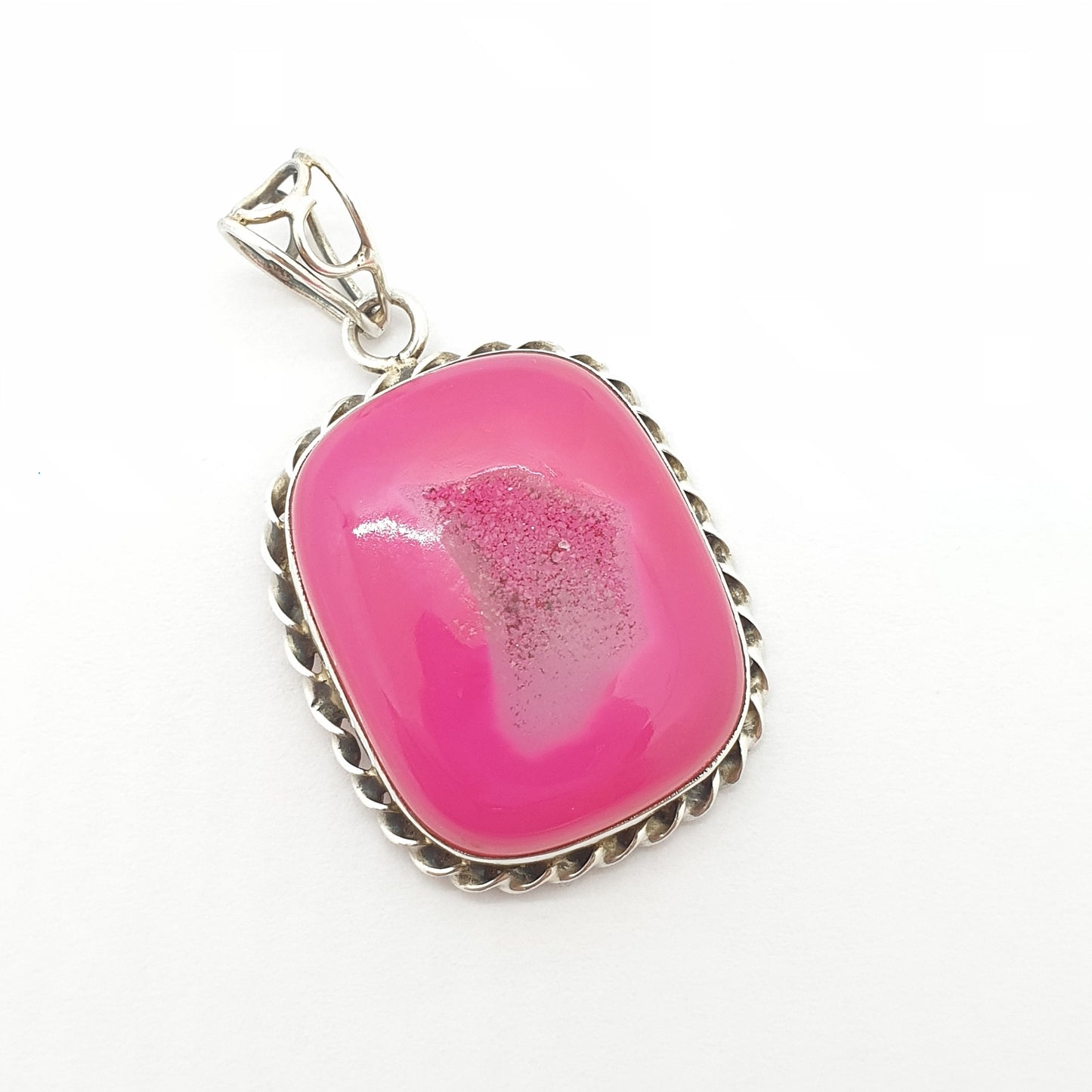 Vintage Sterling Silver Large Pink Agate Pendant Necklace Rectangular Chunky Heavy Big Dyed Geode Modernist 925 Womens Jewelry Jewellery