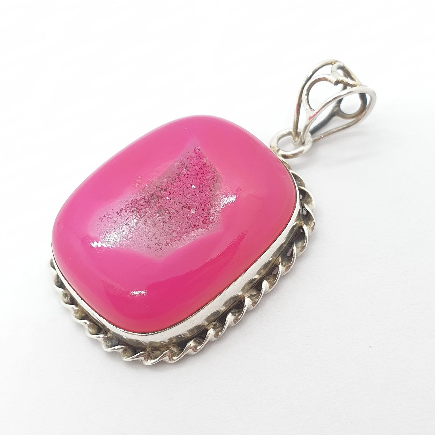 Vintage Sterling Silver Large Pink Agate Pendant Necklace Rectangular Chunky Heavy Big Dyed Geode Modernist 925 Womens Jewelry Jewellery