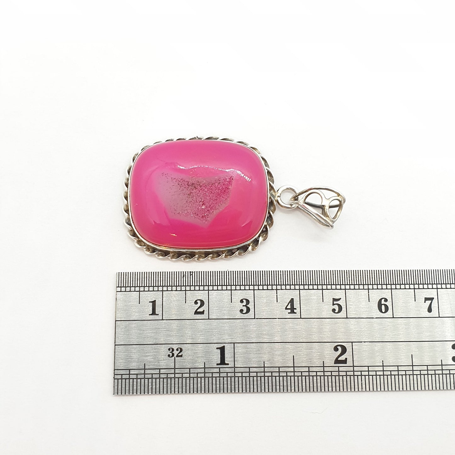 Vintage Sterling Silver Large Pink Agate Pendant Necklace Rectangular Chunky Heavy Big Dyed Geode Modernist 925 Womens Jewelry Jewellery