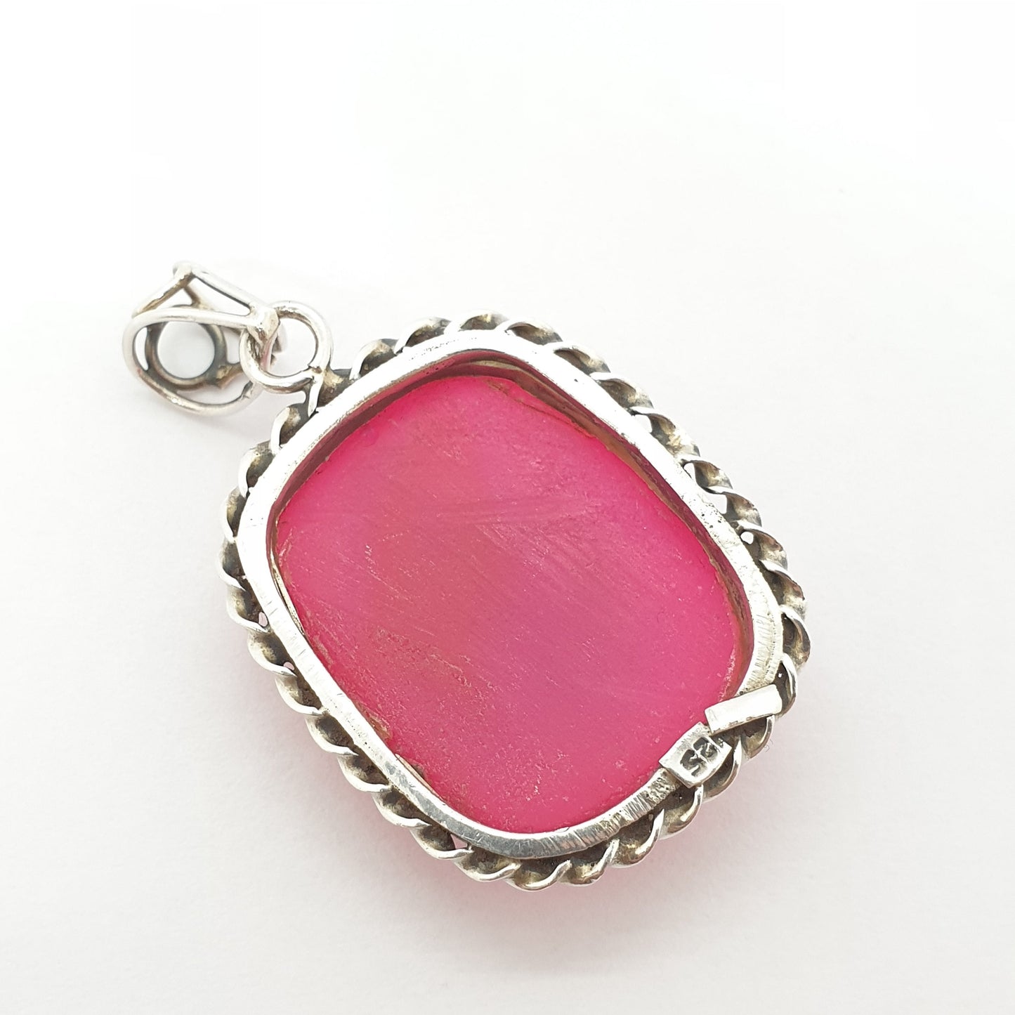 Vintage Sterling Silver Large Pink Agate Pendant Necklace Rectangular Chunky Heavy Big Dyed Geode Modernist 925 Womens Jewelry Jewellery