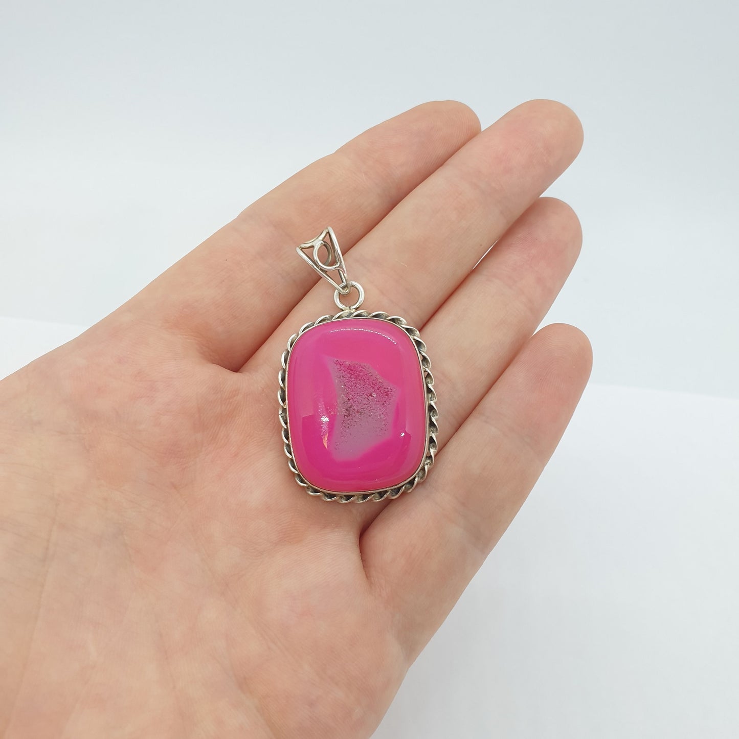 Vintage Sterling Silver Large Pink Agate Pendant Necklace Rectangular Chunky Heavy Big Dyed Geode Modernist 925 Womens Jewelry Jewellery