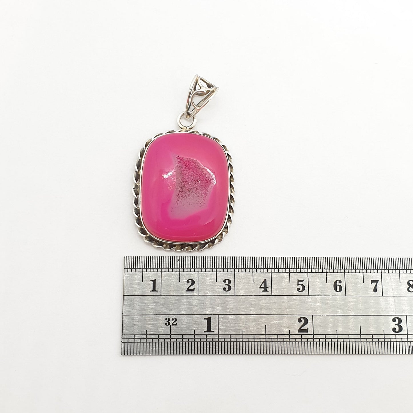 Vintage Sterling Silver Large Pink Agate Pendant Necklace Rectangular Chunky Heavy Big Dyed Geode Modernist 925 Womens Jewelry Jewellery