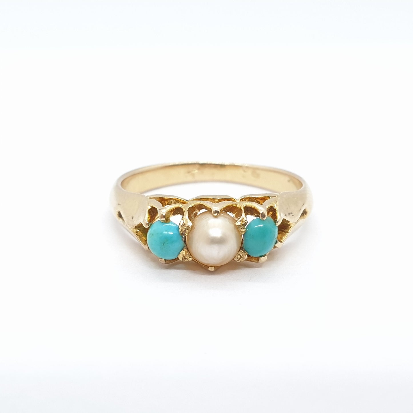 Antique Victorian 18k 18ct Gold Turquoise & Pearl Ring Cultured Solid 750 Womens 1800s Gemstones Vintage Jewelry Jewellery UKM US6.25