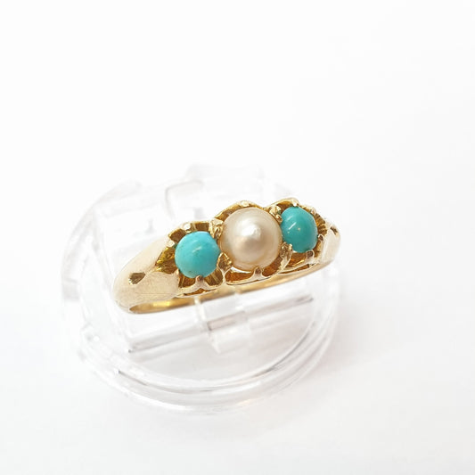 Antique Victorian 18k 18ct Gold Turquoise & Pearl Ring Cultured Solid 750 Womens 1800s Gemstones Vintage Jewelry Jewellery UKM US6.25