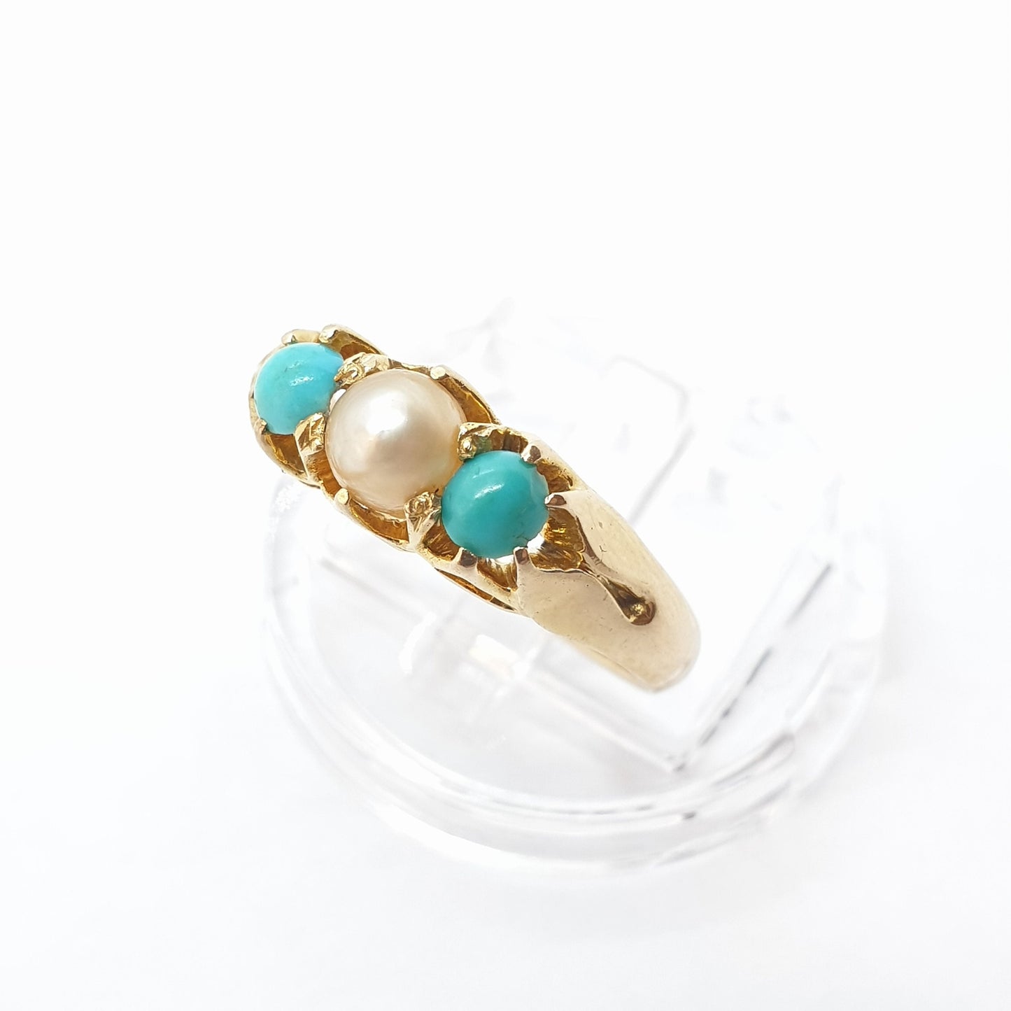 Antique Victorian 18k 18ct Gold Turquoise & Pearl Ring Cultured Solid 750 Womens 1800s Gemstones Vintage Jewelry Jewellery UKM US6.25