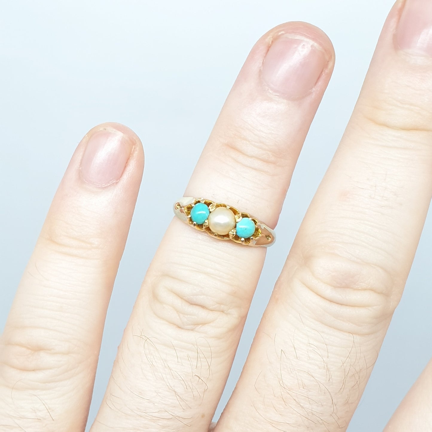 Antique Victorian 18k 18ct Gold Turquoise & Pearl Ring Cultured Solid 750 Womens 1800s Gemstones Vintage Jewelry Jewellery UKM US6.25