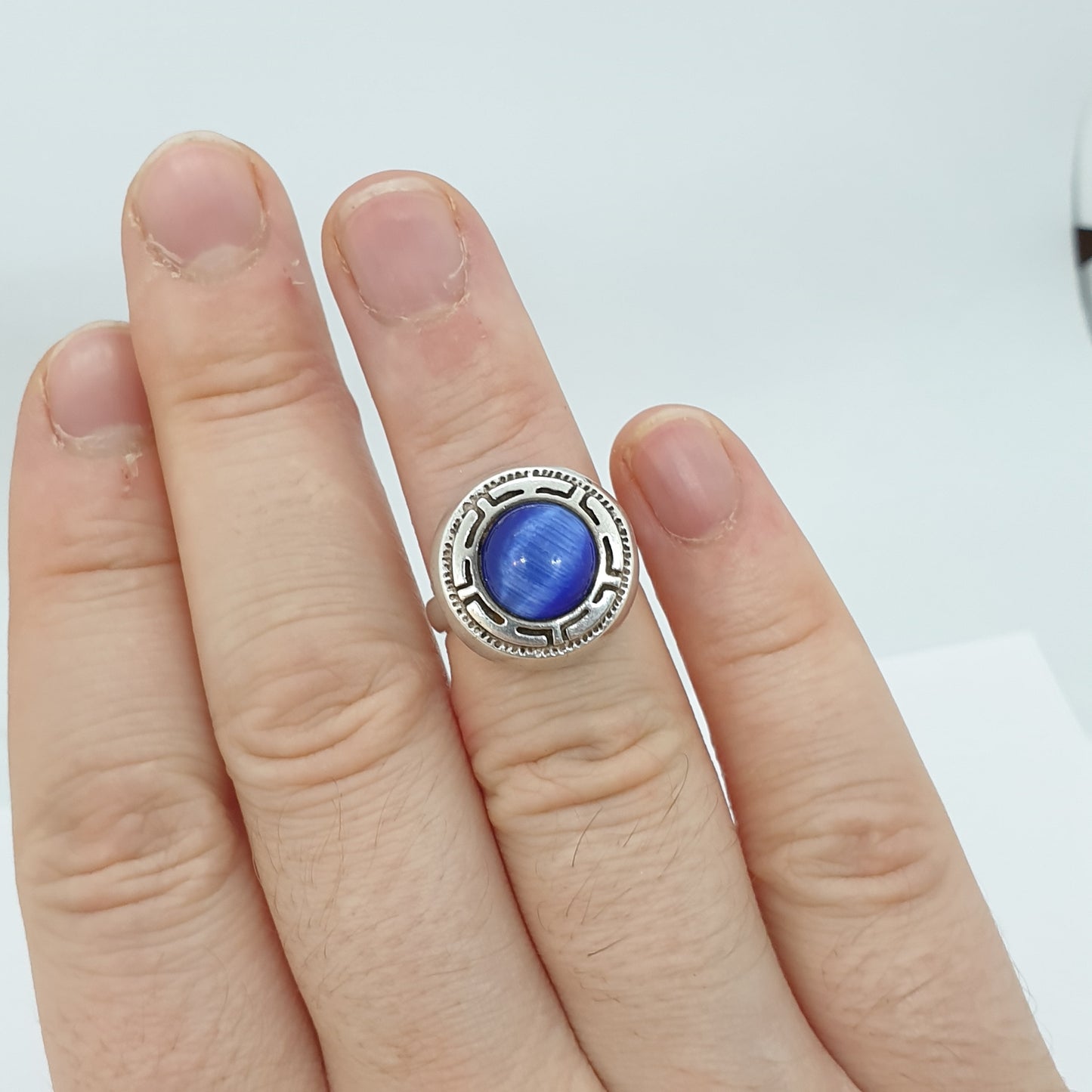 Vintage Sterling Silver Ring Blue Faux Moonstone Cats Eye Greek Key Pattern Large Big Circle Womens Ladies Jewelry Jewellery UKM.5 US6.75