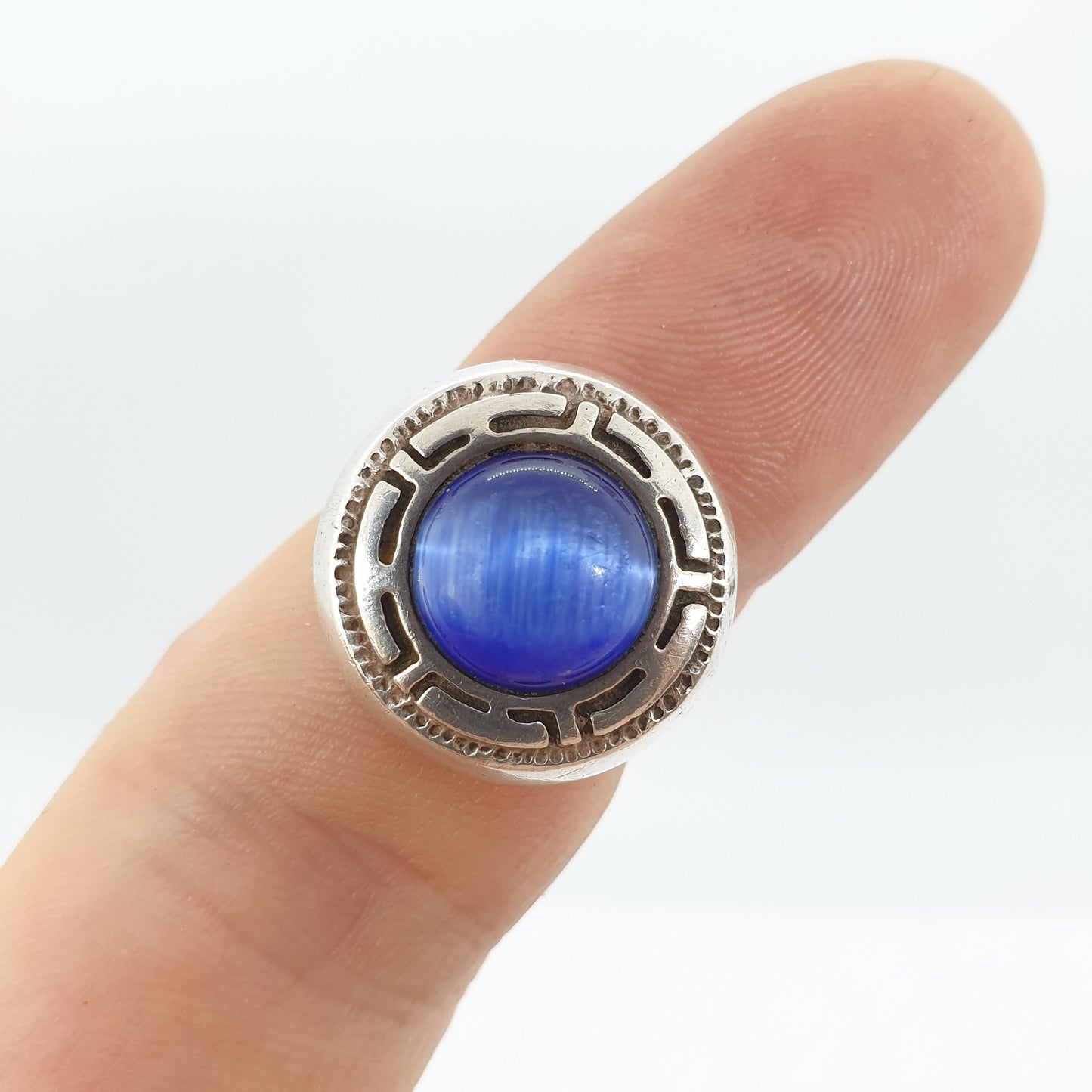 Vintage Sterling Silver Ring Blue Faux Moonstone Cats Eye Greek Key Pattern Large Big Circle Womens Ladies Jewelry Jewellery UKM.5 US6.75