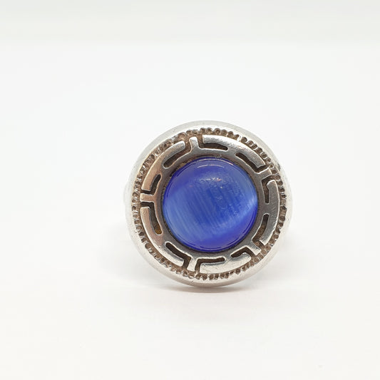 Vintage Sterling Silver Ring Blue Faux Moonstone Cats Eye Greek Key Pattern Large Big Circle Womens Ladies Jewelry Jewellery UKM.5 US6.75