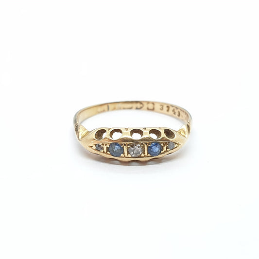 Antique Sapphire 18k 18ct 750 Gold Ring Edwardian 1902 Hallmarked Blue White Stacker Stacking Womens Vintage Jewellery Jewelry UKO.5 US7.5