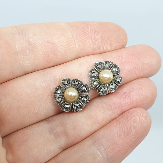 Antique Sterling Silver Faux Pearl Earrings Clip On Art Deco 1920s Vintage Marcasite Flower Flapper Retro Womens Ladies Jewelry Jewellery