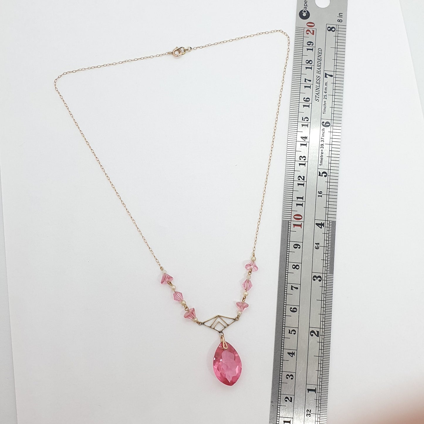 Antique Art Deco 9ct 9k Rose Gold Pink Paste Necklace Lavalier Cut Glass Faceted Solid 375 42cm 4.45g 1920s Vintage Women Jewelry Jewellery