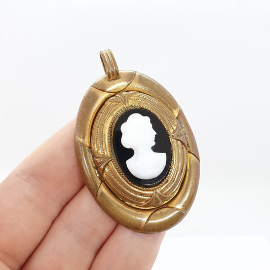 Antique Victorian Faux Agate Cameo Necklace Pendant Gold Gilt Very Large Big Chunky Plate Onyx Oval Womens 1800s Jewelry Vintage Jewellery