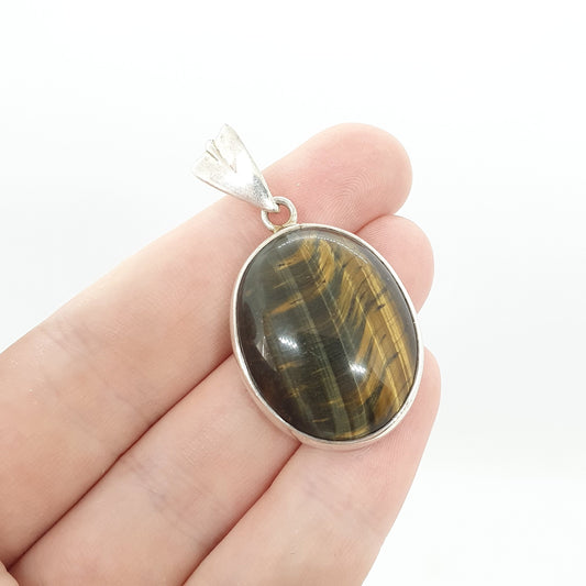 Vintage Tiger Eye Sterling Silver Pendant Necklace 1970s Oval Cabochon Tigers Eye Quartz Gemstone Womens Mens Jewelry Retro Jewellery