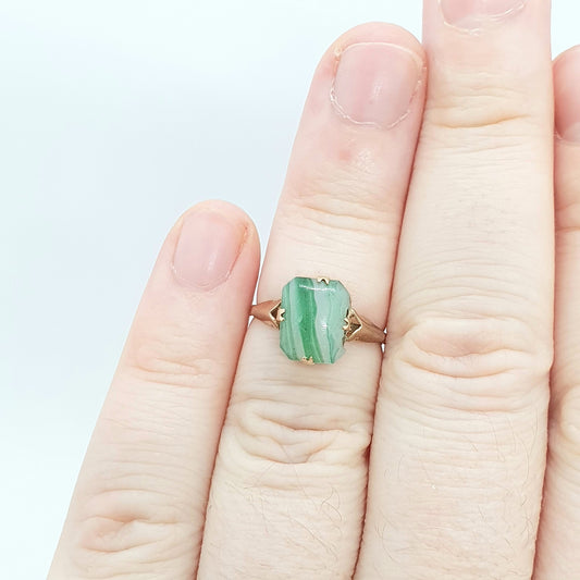 Antique Art Deco 9ct Rose Gold Faux Moss Agate Ring Solid 9k 375 Square Cabochon Vintage Womens Stacker Jewelry Jewellery UKL US5.75