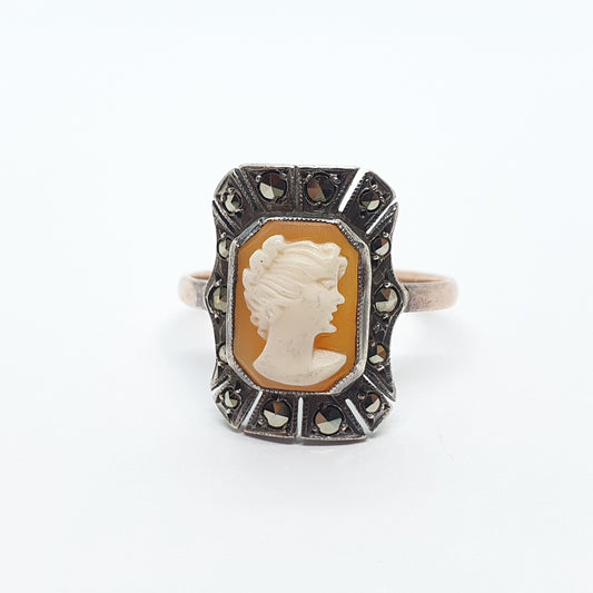 Antique 9ct 9kt Gold Cameo Ring Solid Silver Art Deco Marcasite Vintage 1920s Genuine Shell Real Jewelry Jewellery Womens UKP US7.75