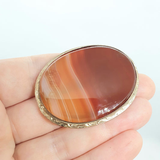 Antique 9ct 375 Gold Victorian Agate Brooch Pin Solid 9k Engraved Large Big Specimen Vintage Quartz Banded Red Womens Jewelry Jewellery