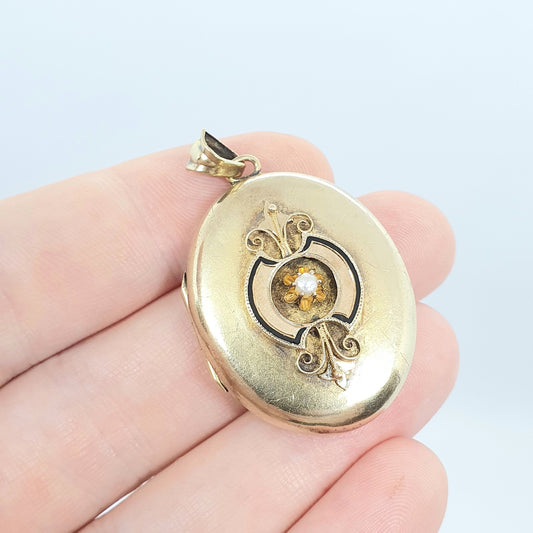 Antique Victorian 15ct Gold Locket Pearl Solid 15k 625 Enamel Pendant Necklace Vintage 1800s Ornate Estate Womens Ladies Jewelry Jewellery