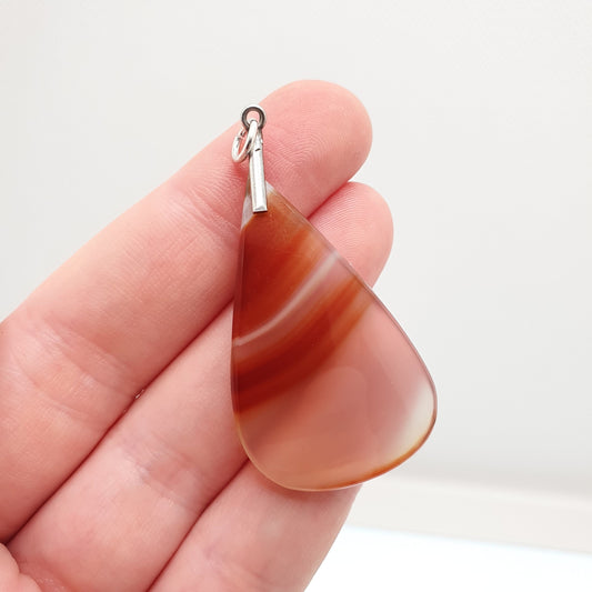Antique Art Deco Striped Agate Necklace Pendant Solid Silver Large Polished Teardrop Quartz Chalcedony Womens Vintage Jewelry Jewellery
