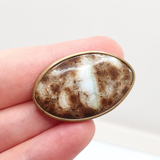 Antique Victorian Agate Glass Brooch Pin Gold Tone Mottled Leopard Big Old Vintage White Brown Costume Jewelry Jewellery 1800s Womens