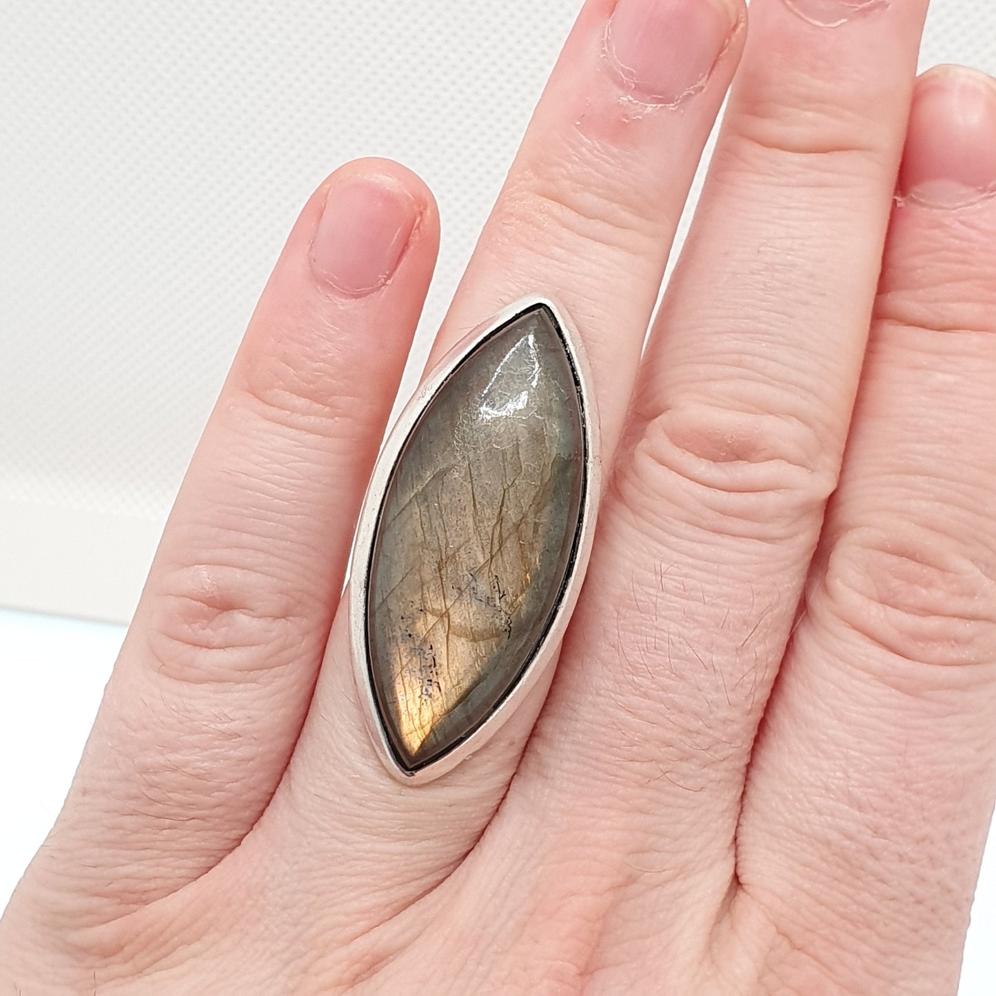 Vintage Sterling Silver Big Labradorite Ring Large Huge Gemstone Adularescence Marquise Solid 925 Jewellery Womens Jewelry UKL US5.75