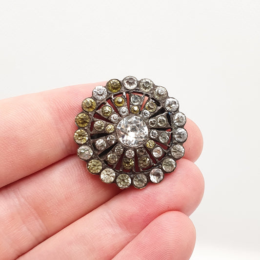 Antique Diamond Paste Victorian Brooch Silver Plate Foiled Pastes Sun Star Shape Shield Disc Glass 1800s Womens Jewelry Jewellery Vintage