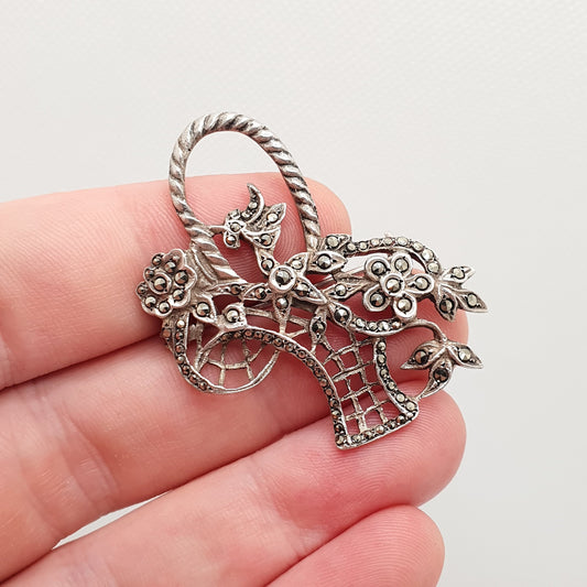 Antique Sterling Silver Flower Basket Brooch Pin Art Deco Marcasite Giardinetti Style Vintage 1920s Solid 925 Womens Jewelry Jewellery