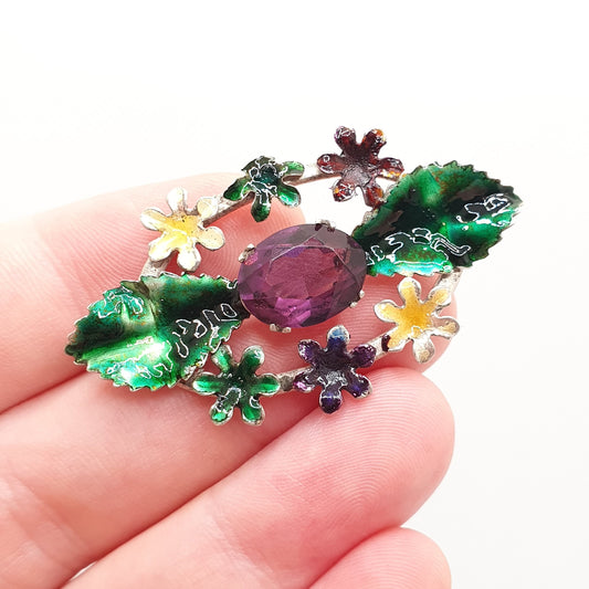 Antique Sterling Silver Enamel Amethyst Paste Brooch Art Nouveau Flowers Floral Handmade Vintage Solid 925 Ladies Womens Jewelry Jewellery