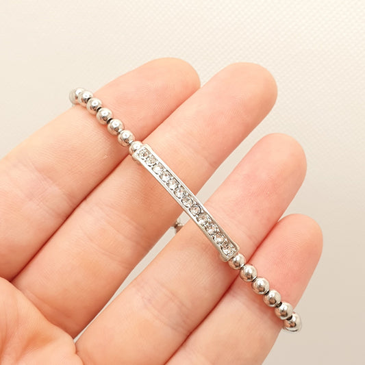 Modernist Sterling Silver CZ Bead Bracelet Beaded Solid 925 Elasticated Retro Cute 5.60g Sparkly Girls Ladies Womens Jewelry Jewellery