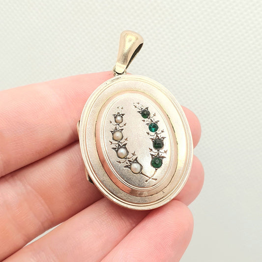 Antique 9ct Gold Emerald Paste Locket Pendant Edwardian Simulated Pearl Solid 375 Front & Back Solider Photo Vintage Large Jewellery Jewelry