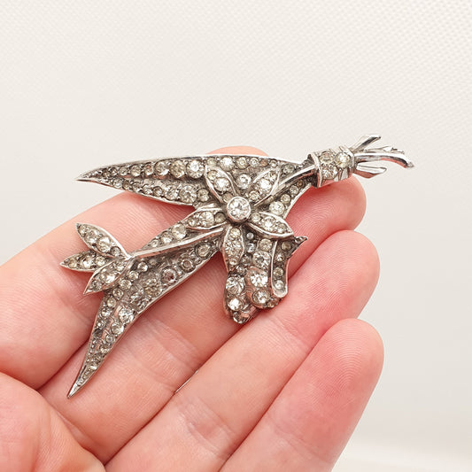 Antique Diamond Paste Solid Silver Brooch Pin Leaf Flower Art Nouveau Large Huge Big Foiled Pastes Handmade Womens Jewelry Jewellery