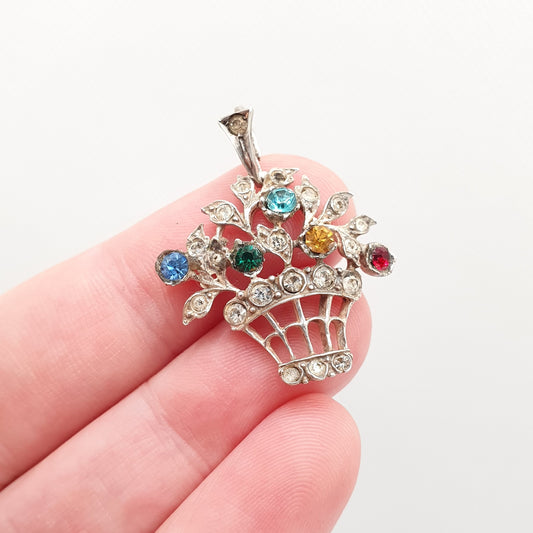 Antique Solid Silver Paste Giardinetti Pendant Necklace Flower Basket Multi Coloured Italian 1900s Womens Sparkly Vintage Jewelry Jewellery