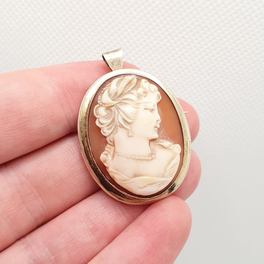 Old Vintage Solid Silver Cameo Pendant Brooch Pin Genuine Shell 1950s Gold Gilt Border Oval Vintage Italian Womens Jewelry Jewellery