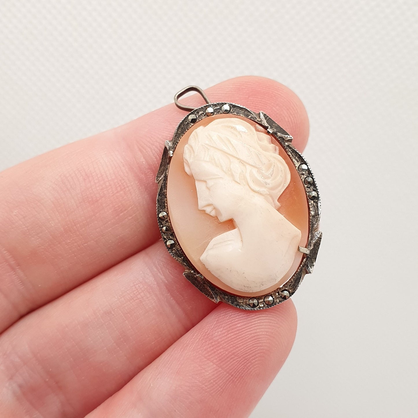 Antique Cameo Pendant Brooch Pin Solid Silver Art Deco Marcasite Genuine Shell 1920s Sparkly Antique Italy Italian Jewelry Womens Jewellery