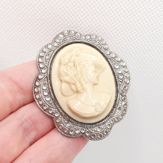 Genuine CHARLES HORNER Sterling Silver Cameo Brooch Pin Vintage Large 1948 Hallmark Faux Shell Pastry Cutter C.H Womens Jewelry Jewellery