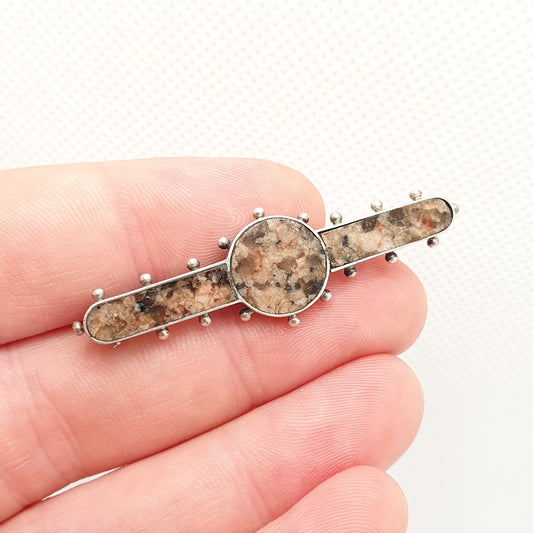 Antique Victorian Sterling Silver Pink Aberdeen Granite Brooch Pin Scottish Beaded Border Vintage 1800s Celtic Womens Jewelry Jewellery