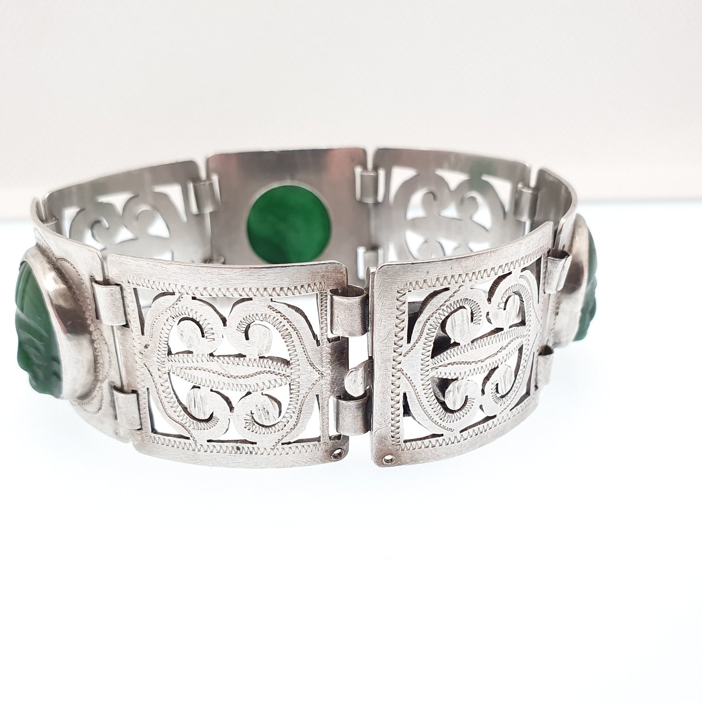 Old Vintage Solid Silver Egyptian Bracelet Pharaoh Cameo Green Fluorite Handmade Art Deco Style Large Womens Mens Antique Jewelry Jewellery