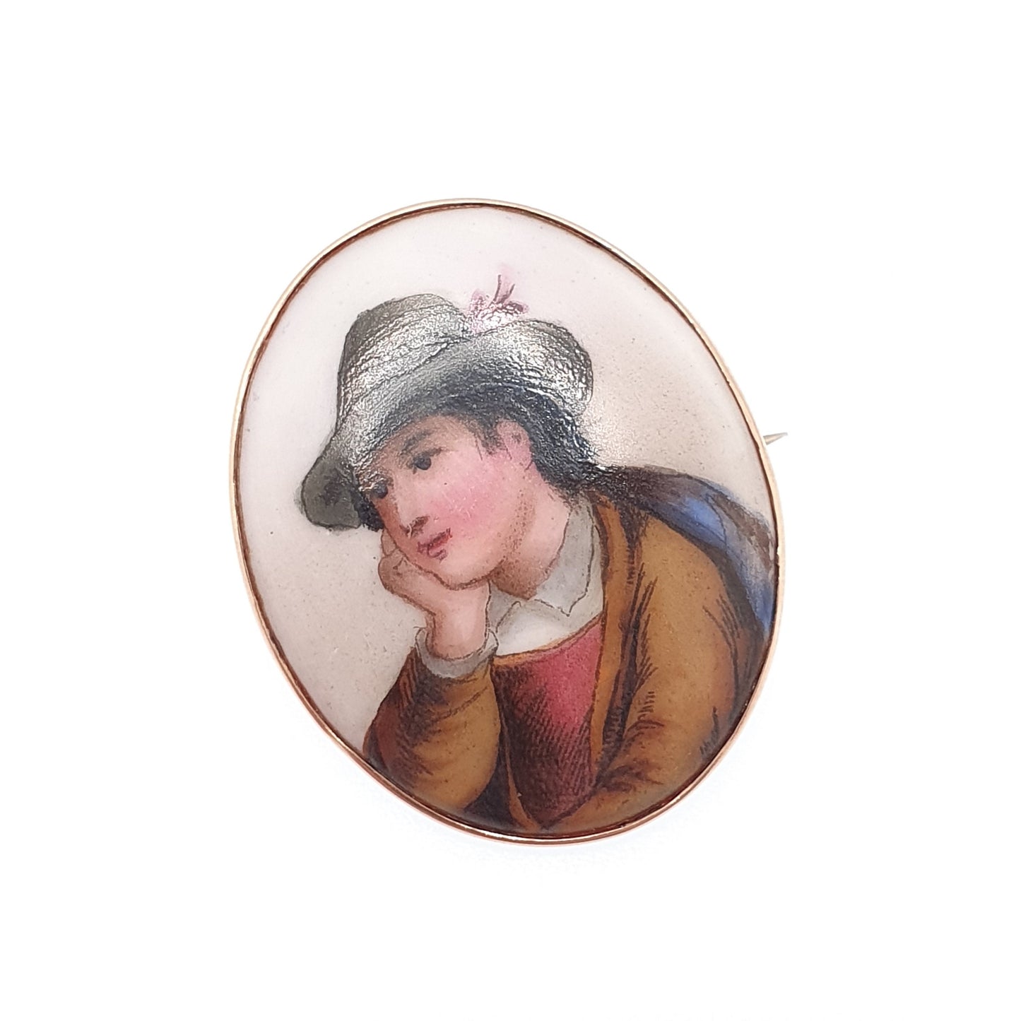 RESERVED/SOLD JOY Antique Victorian 9ct Gold Cased Portrait Brooch Pin Bycocket Hat Robin Hood Painted Solid 375 1800s Vintage