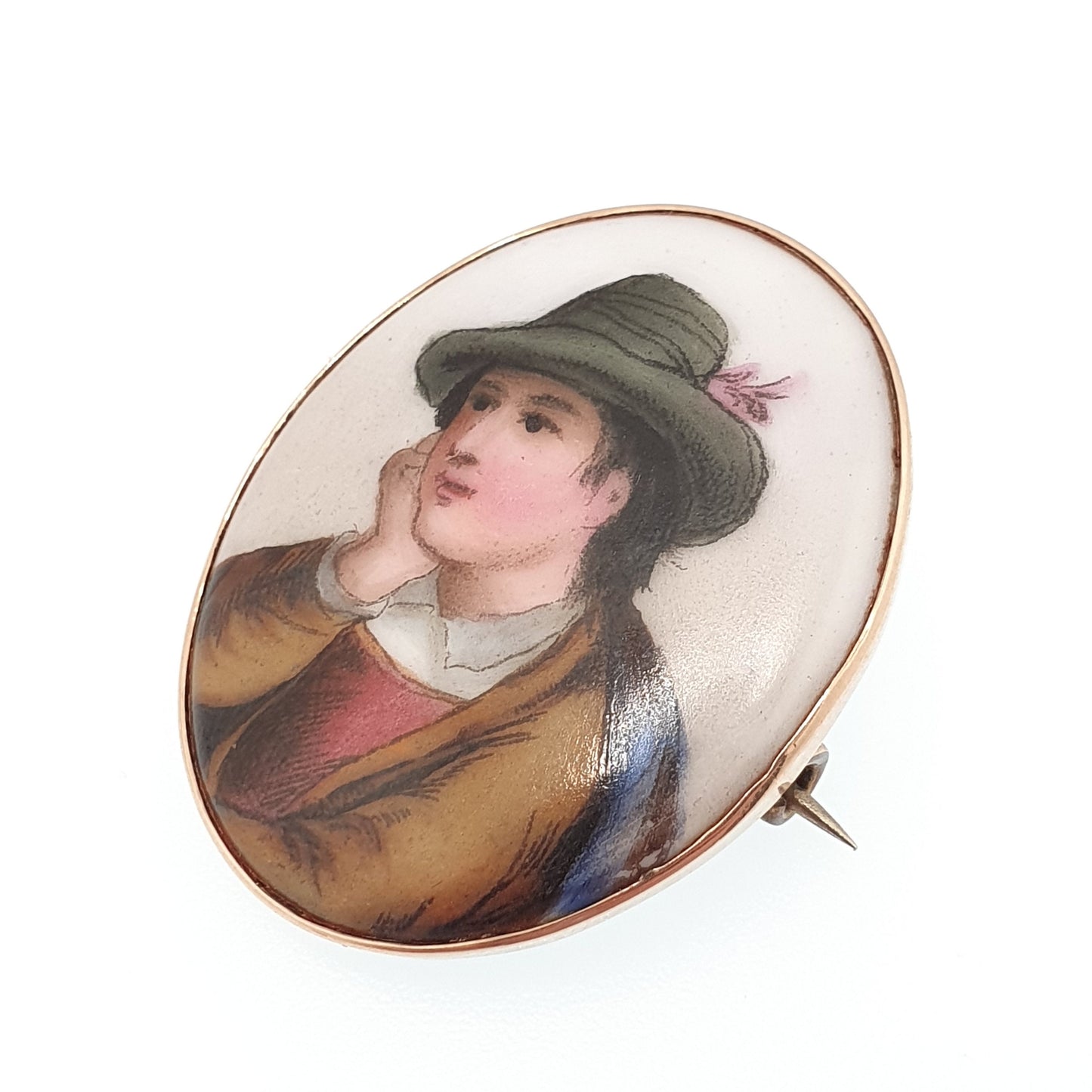 RESERVED/SOLD JOY Antique Victorian 9ct Gold Cased Portrait Brooch Pin Bycocket Hat Robin Hood Painted Solid 375 1800s Vintage