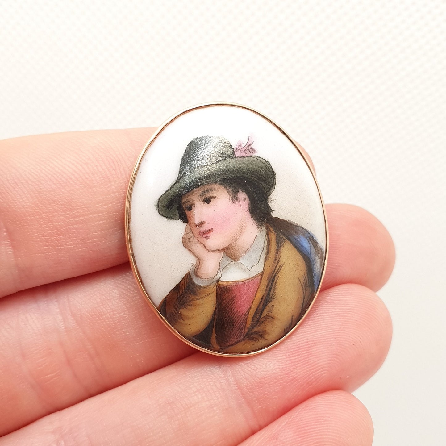 RESERVED/SOLD JOY Antique Victorian 9ct Gold Cased Portrait Brooch Pin Bycocket Hat Robin Hood Painted Solid 375 1800s Vintage