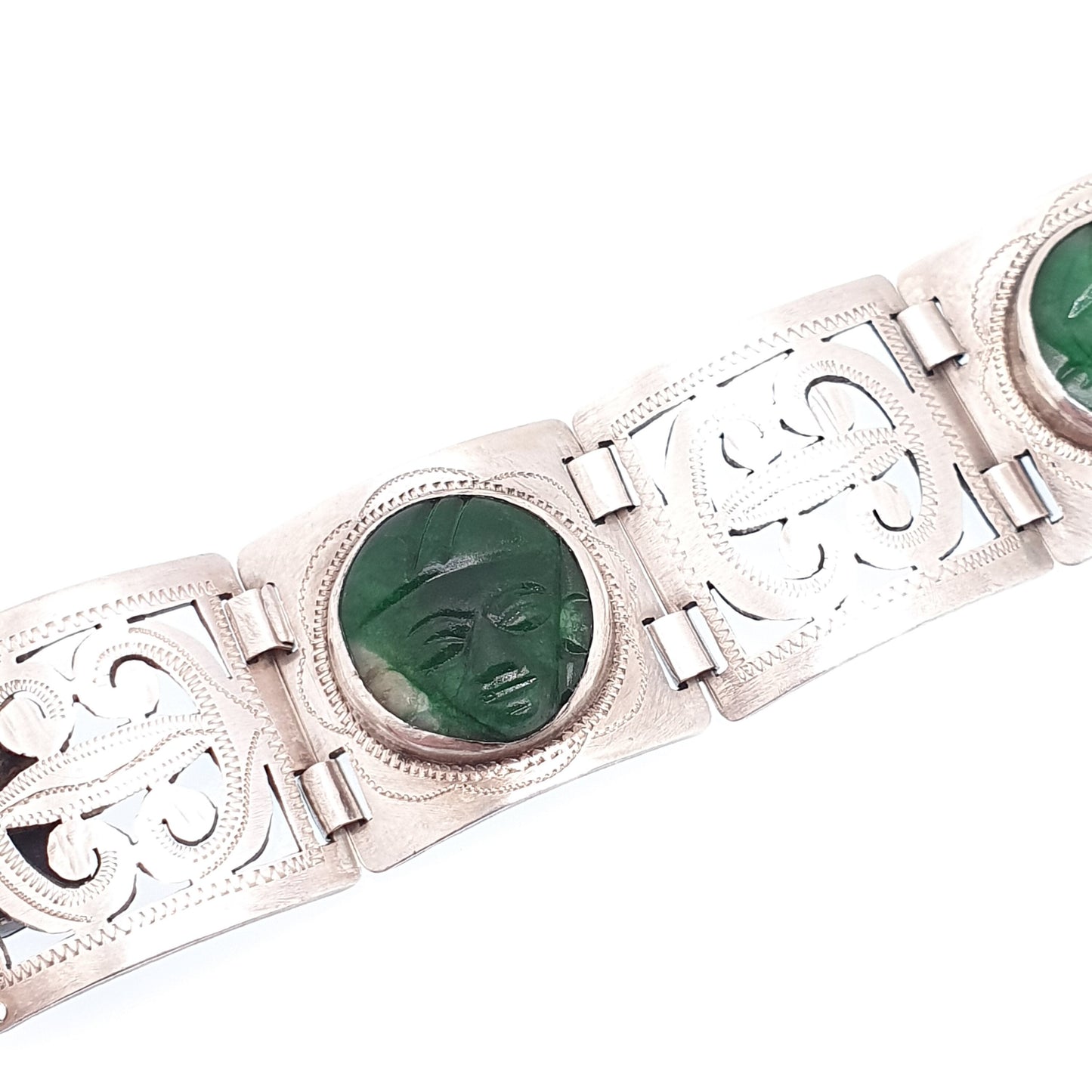 Old Vintage Solid Silver Egyptian Bracelet Pharaoh Cameo Green Fluorite Handmade Art Deco Style Large Womens Mens Antique Jewelry Jewellery