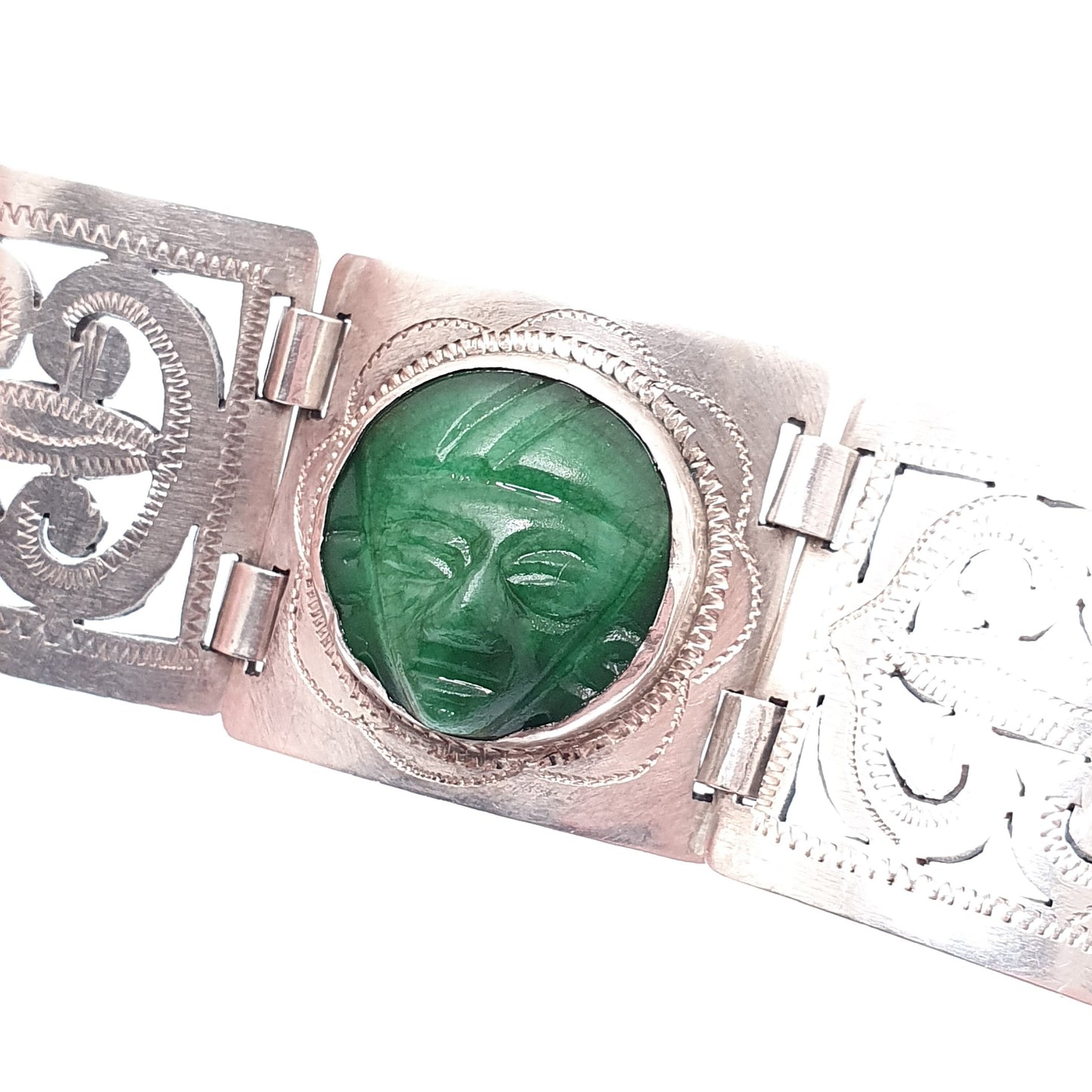 Old Vintage Solid Silver Egyptian Bracelet Pharaoh Cameo Green Fluorite Handmade Art Deco Style Large Womens Mens Antique Jewelry Jewellery